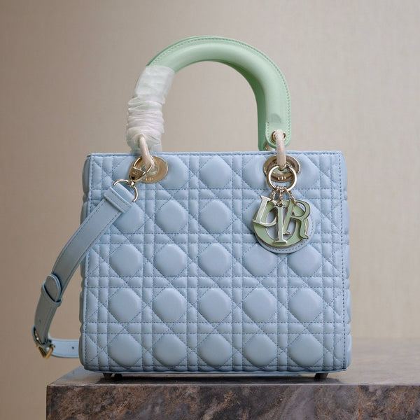 LADY BAG 24 IN BABY BLUE QUILTED MACROCANNAGE CALFSKIN GREEN STRAP