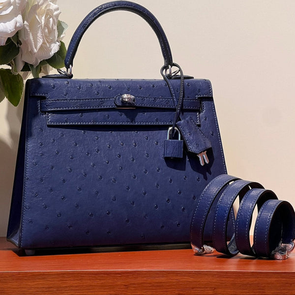 KELLY SELLIER 25 BAG IN NAVY BLUE OSTRICH LEATHER WITH SILVER HARDWARE (MADE-TO-ODER)