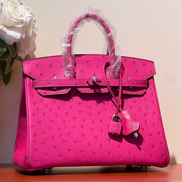 KELLY SELLIER 25 BAG IN BRIGHT PINK OSTRICH LEATHER WITH SILVER HARDWARE (MADE-TO-ODER)