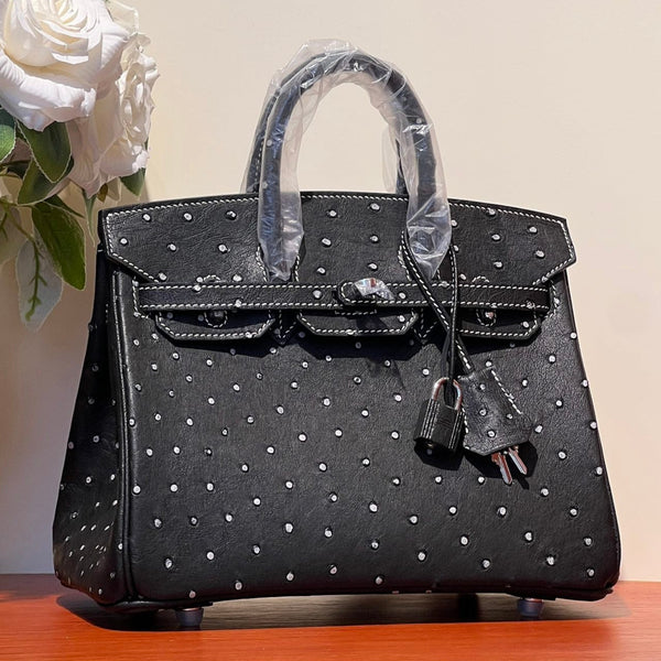 KELLY SELLIER 25 BAG IN BLACK OSTRICH LEATHER WITH WHITE RHINSTONES (MADE-TO-ODER)